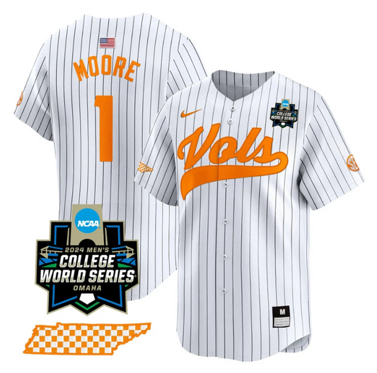 Christian Moore Jersey #1 Tennessee Volunteers 2024 College World Series Vapor Premier Limited NCAA Baseball Stitched Pinstripe
