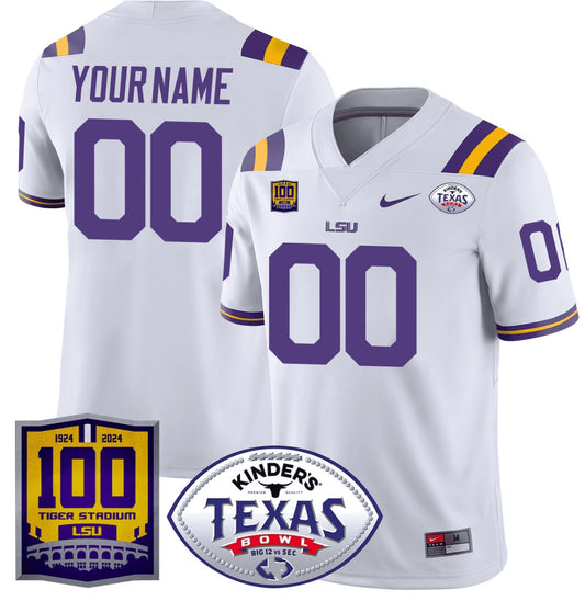 Custom LSU Tigers Jersey 100 Years of Tiger Stadium and Texas Bowl Patch White