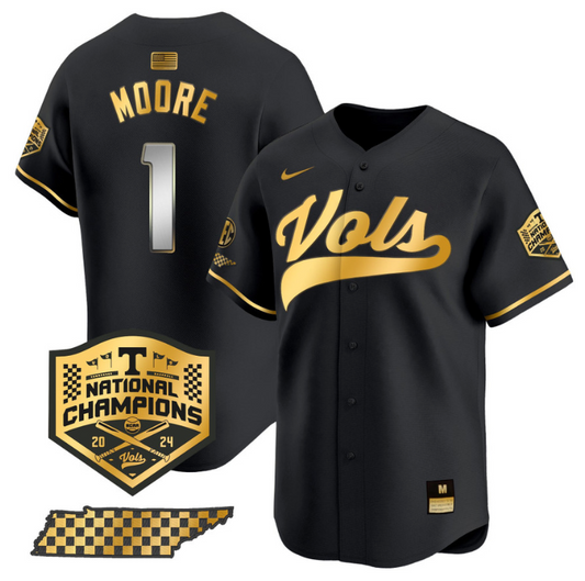 Christian Moore Jersey #1 Tennessee Volunteers Baseball 2024 Champions Vapor Premier Limited  Black Gold