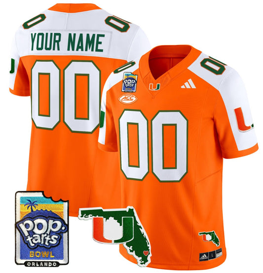 Custom Miami Hurricanes Jersey Name, Number 2025 PopTarts Bowl Patch Orange Alternate