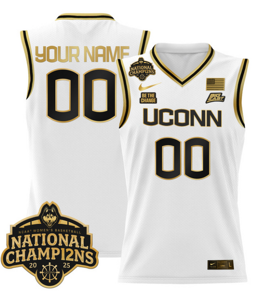 Custom UConn Huskies Jersey  2025 National Champions Patch Stitched White Gold
