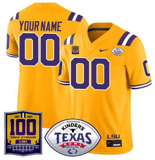 Custom LSU Tigers Jersey 100 Years of Tiger Stadium and Texas Bowl Patch Gold