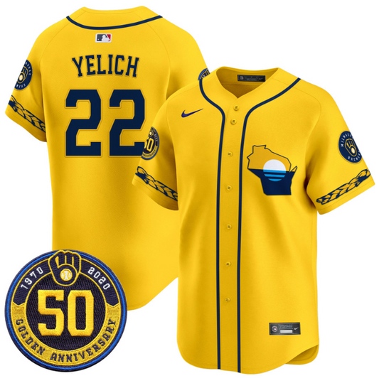 Christian Yelich Jersey #22 Milwaukee Brewers Golden 50th Anniversary Patch Stitched Gold