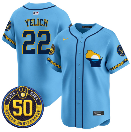 Christian Yelich Jersey #22 Milwaukee Brewers Golden 50th Anniversary Patch Stitched Blue