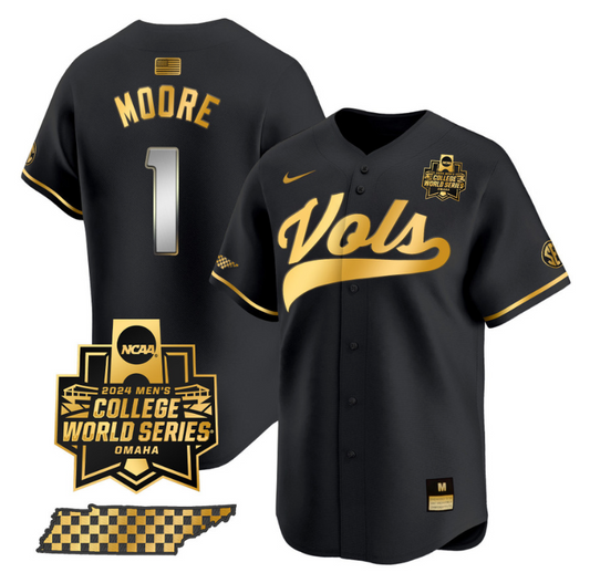 Christian Moore Jersey #1 Tennessee Volunteers 2024 College World Series Vapor Premier Limited NCAA Baseball Stitched Black Gold