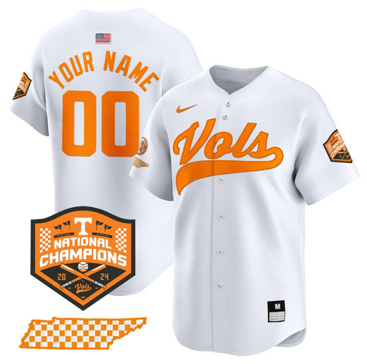 Custom Tennessee Volunteers Baseball Jersey Name and Number 2024 Champions Vapor Premier Limited  White