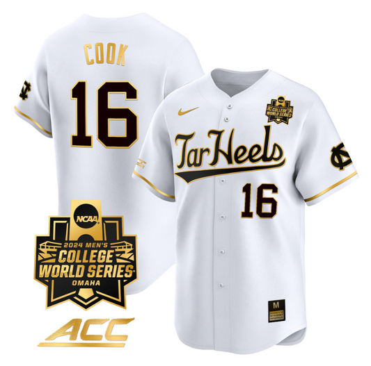 Casey Cook Jersey #16 North Carolina Tar Heels 2024 College World Series Vapor Premier Limited NCAA Baseball Stitched White Gold