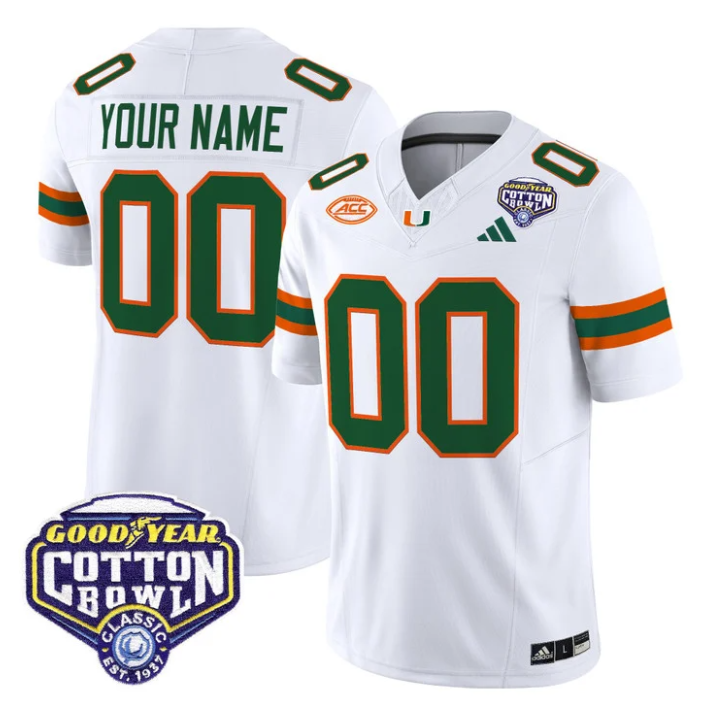 Custom Miami Hurricanes Jersey Name, Number 2025 Cotton Bowl Patch Stitched