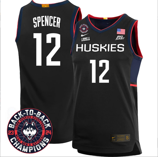 Cam Spencer Jersey #12 UConn Huskies Basketball 2024 Back To Back Champions Patch Navy