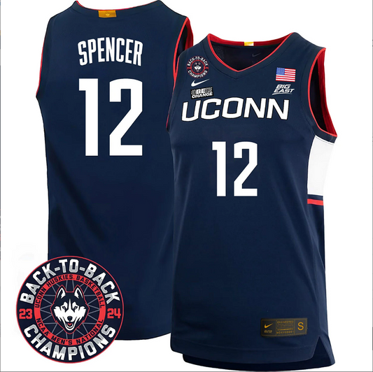Cam Spencer Jersey #12 UConn Huskies Basketball 2024 Back To Back Champions Patch Navy