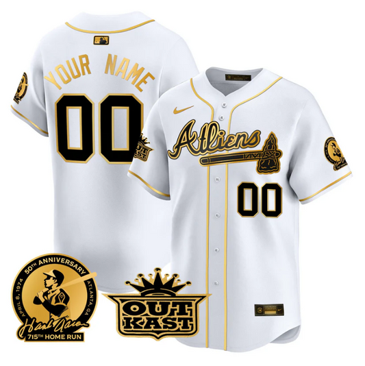 Custom Atlanta Braves Jersey Atliens Hank Aaron Patch Vapor Limited  Stitched White Gold