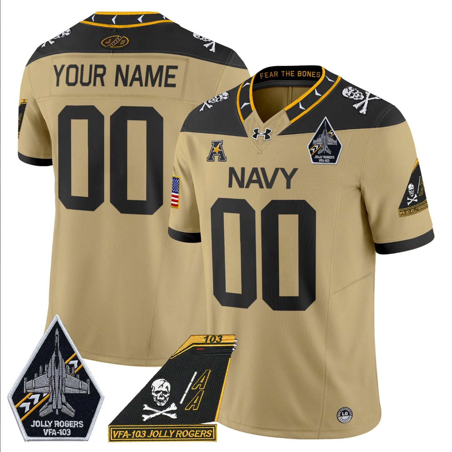Custom Navy Midshipmen Jersey Name, Number 2024 Jolly Rogers Patch Gold