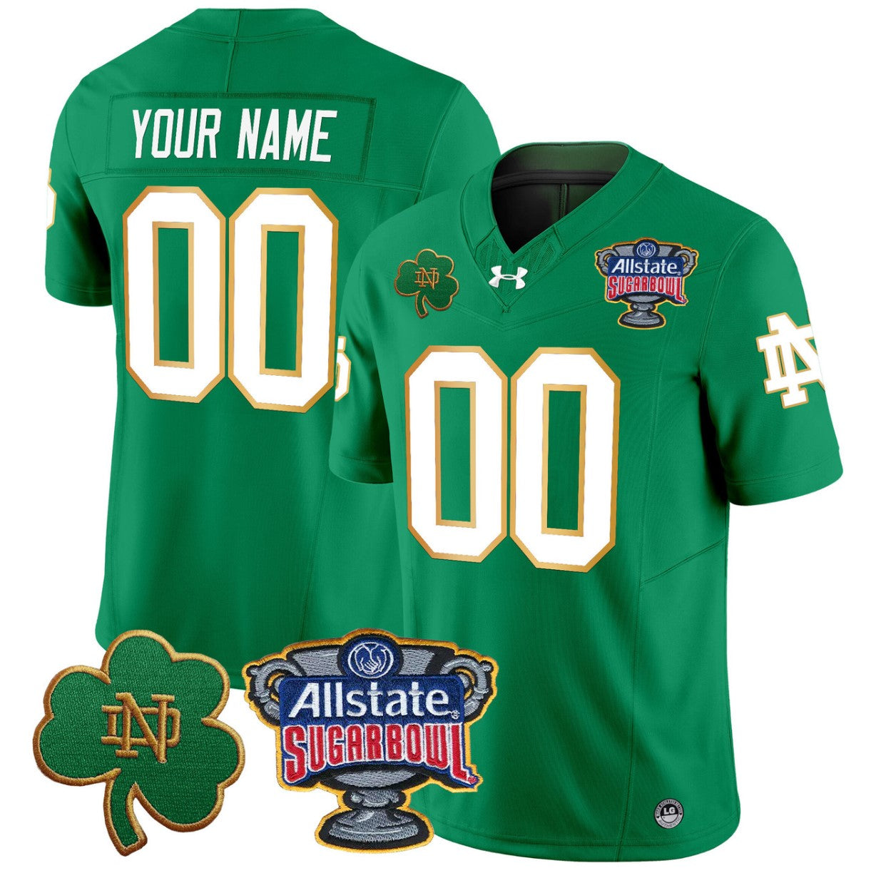 Custom Notre Dame Jersey Name, Number 2024 Sugar Bowl Patch V2 Stitched Green