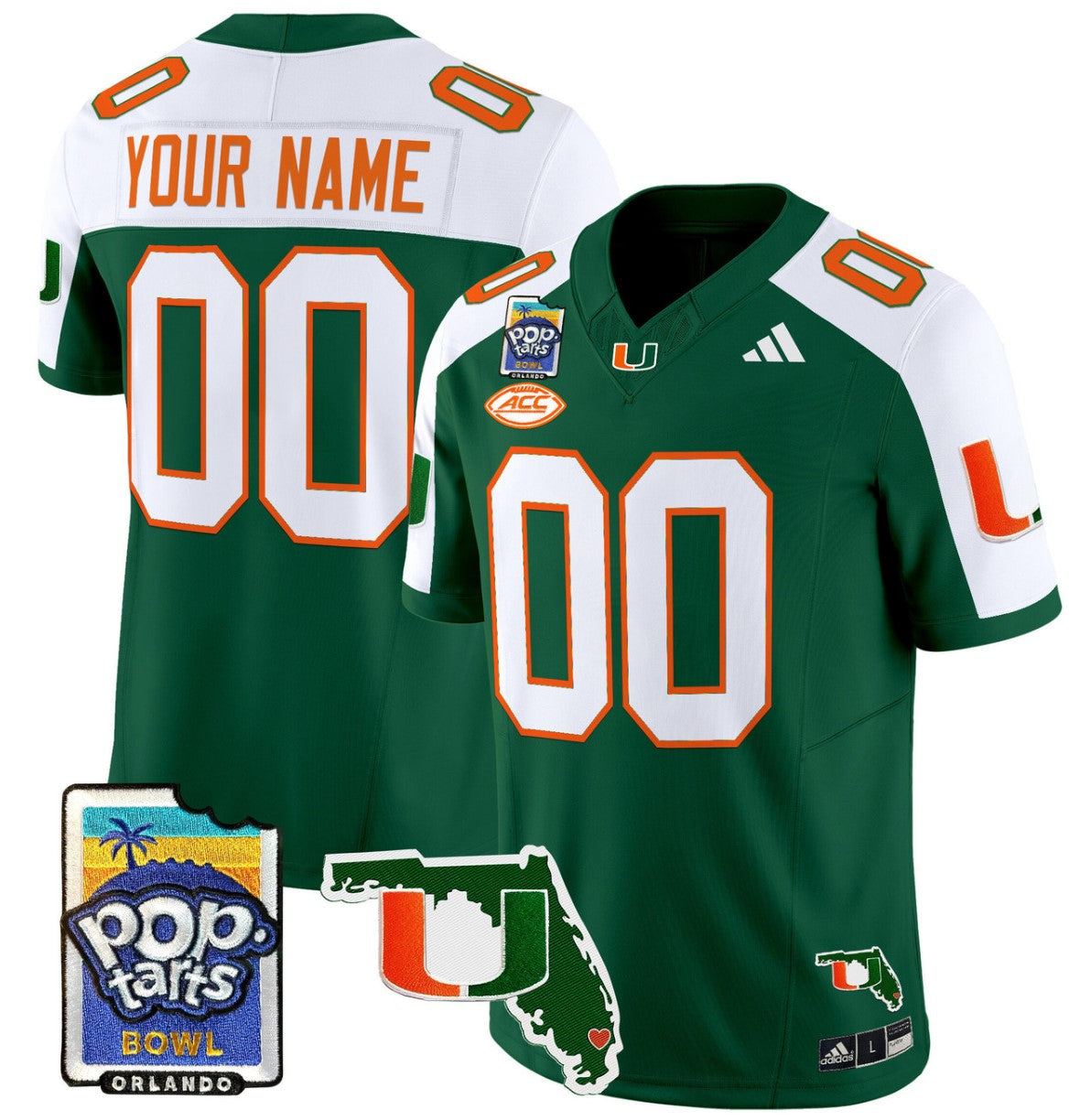 Custom Miami Hurricanes Jersey Name, Number 2025 PopTarts Bowl Patch Green Alternate