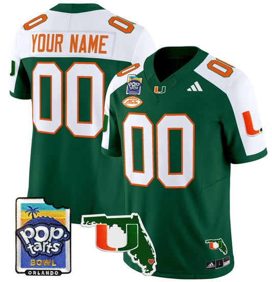 Custom Miami Hurricanes Jersey Name, Number 2025 PopTarts Bowl Patch Green Alternate