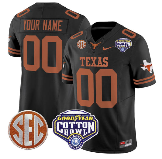Custom Texas Longhorns Jersey Name, Number Cotton Bowl Patch Stitched Black