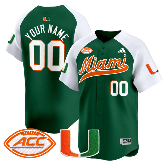 Custom Miami Hurricanes Jersey Name, Number 2024 Baseball Green Alternate