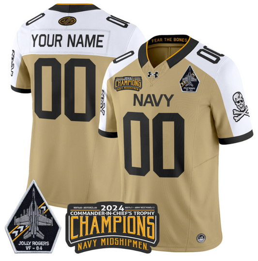 Custom Navy Midshipmen Jersey 2024 Jolly Rogers Champions Patch Gold Alternate