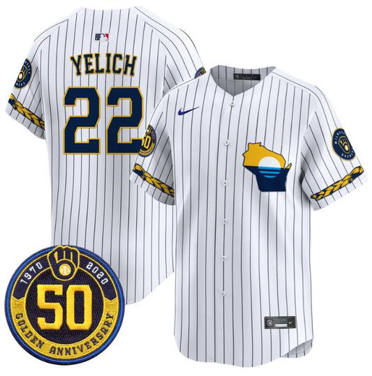 Christian Yelich Jersey #22 Milwaukee Brewers Golden 50th Anniversary Patch Stitched Pinstripe