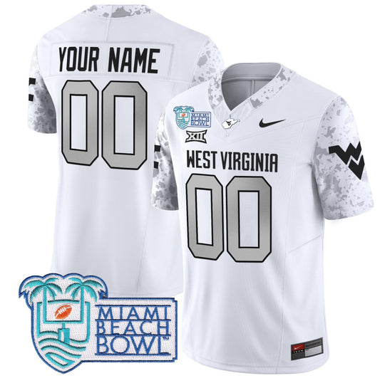 Custom West Virginia Mountaineers Jersey 2025 Miami Beach Bowl Patch White