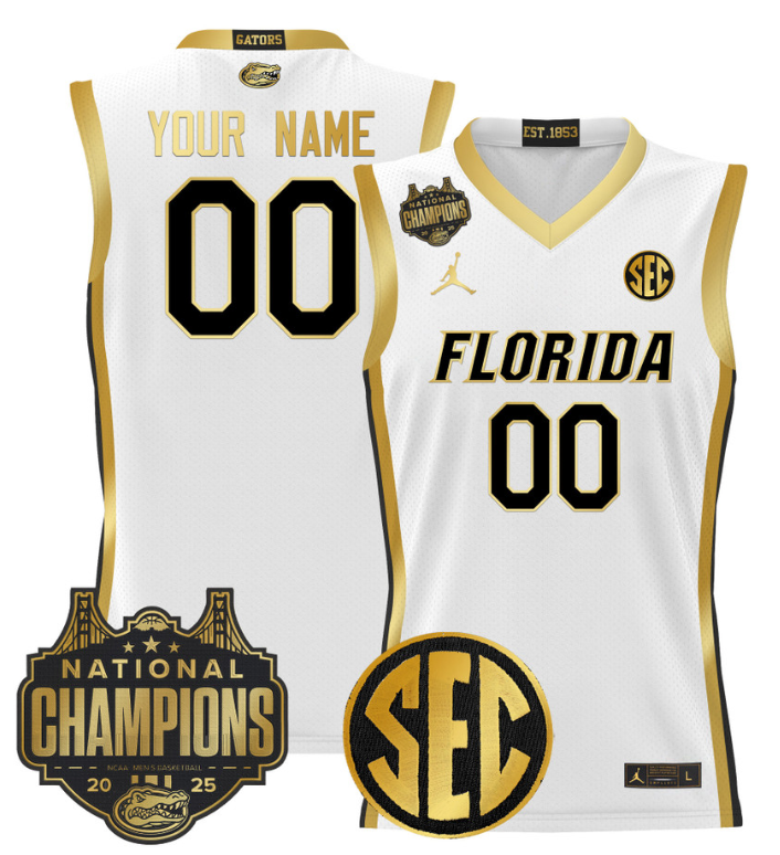 Custom Florida Gators Jersey 2025 National Champions Patch Stitched White Gold