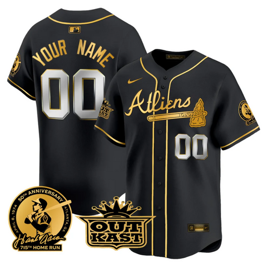 Custom Atlanta Braves Jersey Atliens Hank Aaron Patch Vapor Limited  Stitched Black Gold