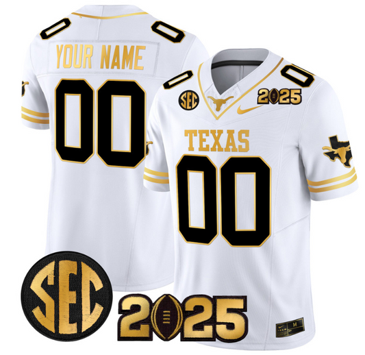 Custom Texas Longhorns Jersey 2025 CFP Final Gold Patch Stitched White Gold