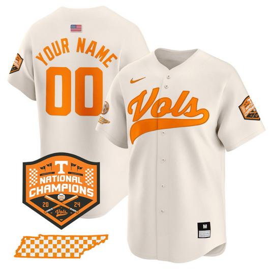 Custom Tennessee Volunteers Baseball Jersey Name and Number 2024 Champions Vapor Premier Limited  Cream