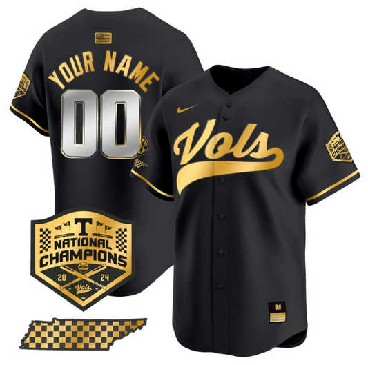 Custom Tennessee Volunteers Baseball Jersey Name and Number 2024 Champions Vapor Premier Limited  Black Gold