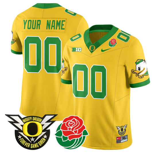Custom Oregon Ducks Jersey Name, Number 2024 Rose Bowl Patch N1 Yellow