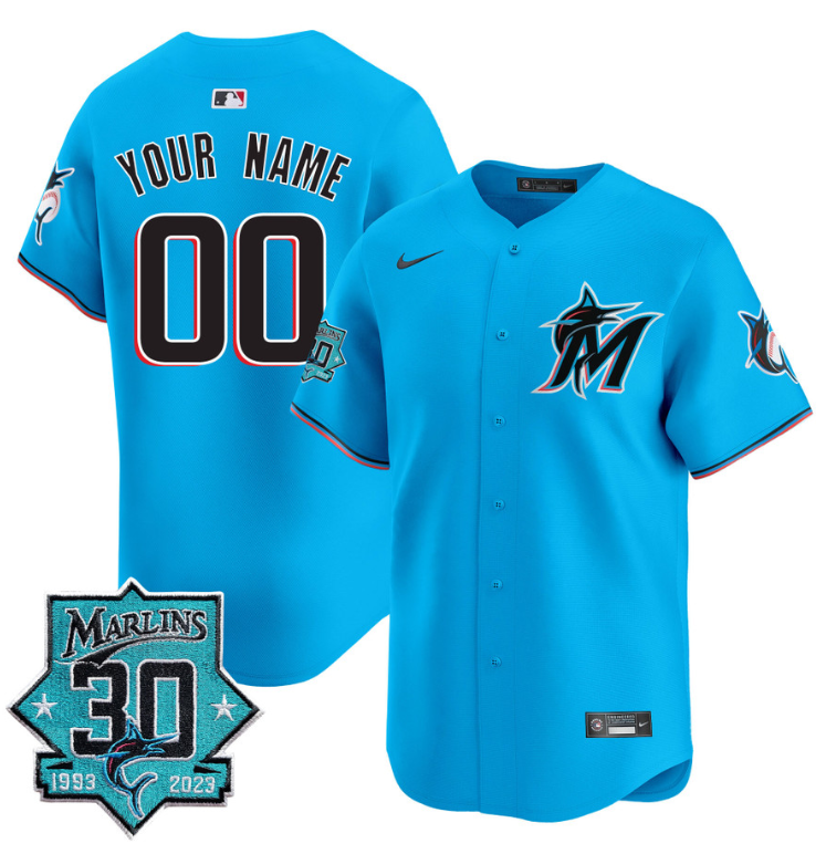 Custom Miami Marlins Jersey 30 Seasons Anniversary Patch Vapor Premier Limited Stitched Blue