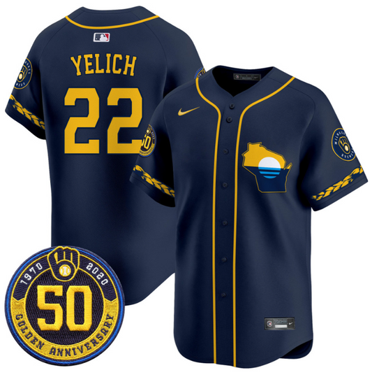 Christian Yelich Jersey #22 Milwaukee Brewers Golden 50th Anniversary Patch Stitched Navy