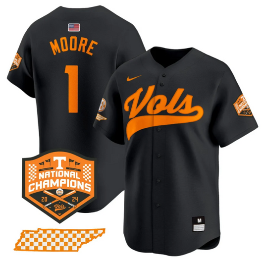 Christian Moore Jersey #1 Tennessee Volunteers Baseball 2024 Champions Vapor Premier Limited  Black
