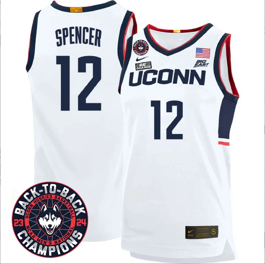 Cam Spencer Jersey #12 UConn Huskies Basketball 2024 Back To Back Champions Patch White Home