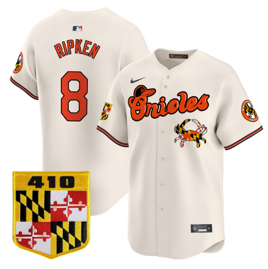 Cal Ripken Jersey #8 Baltimore Orioles 410 & Chesapeake Crab Patch Limited Stitched Cream