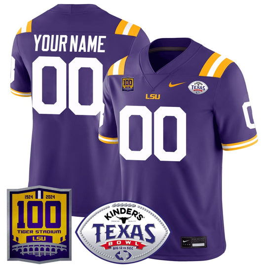 Custom LSU Tigers Jersey 100 Years of Tiger Stadium and Texas Bowl Patch Purple