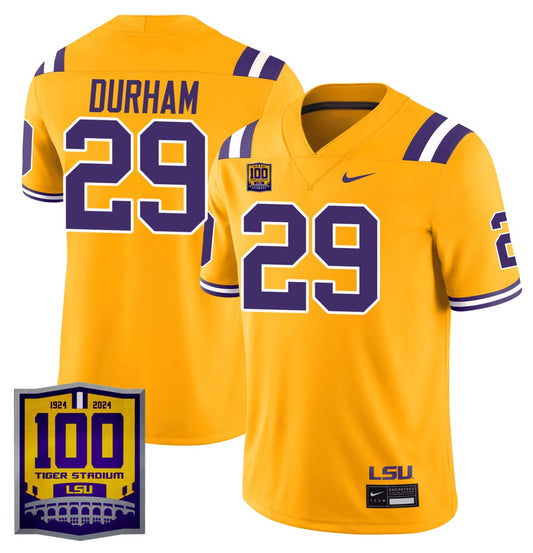 Caden Durham Jersey #29 LSU Tigers 100 Years of Tiger Stadium Patch Gold
