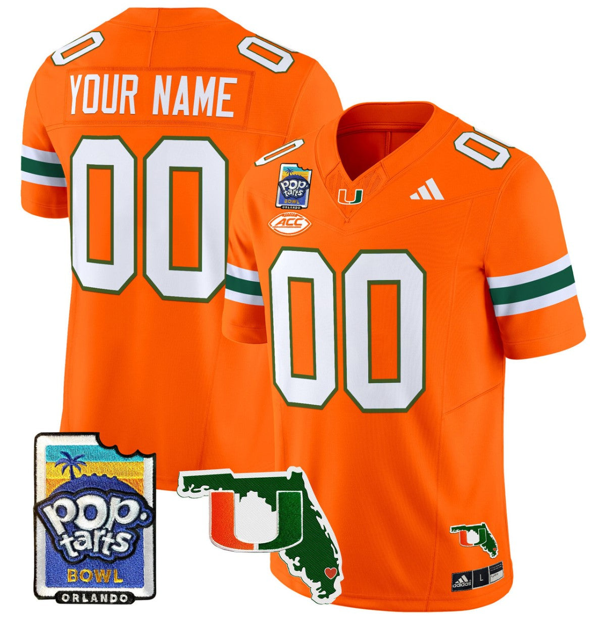 Custom Miami Hurricanes Jersey Name, Number 2025 PopTarts Bowl Patch Orange