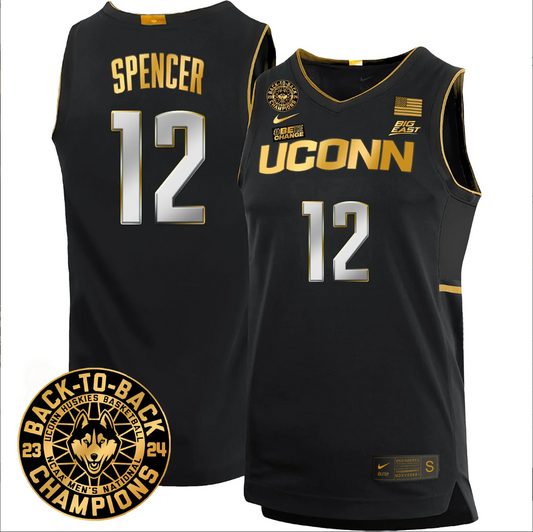 Cam Spencer Jersey #12 UConn Huskies Basketball 2024 Back To Back Champions Patch Black Gold