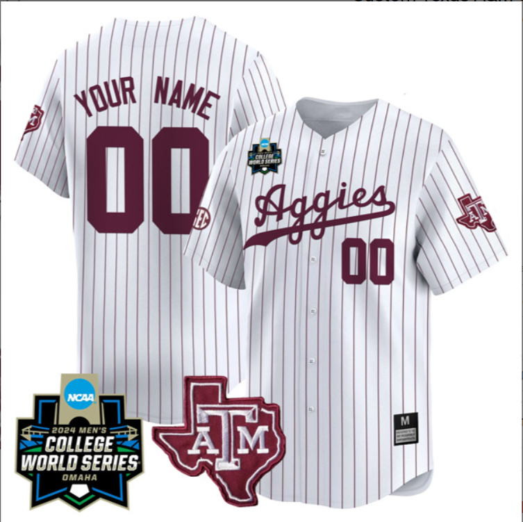 Custom Texas A&M College Baseball World Series White Pinstripe Jersey Stitched