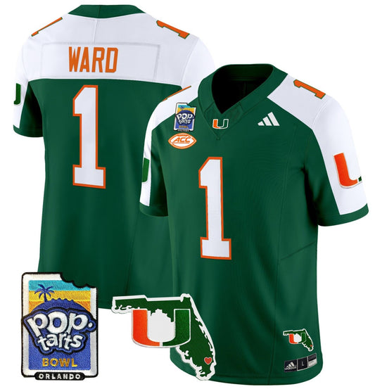 Cam Ward Jersey #1 Miami Hurricanes 2025 PopTarts Bowl Patch Green Alternate