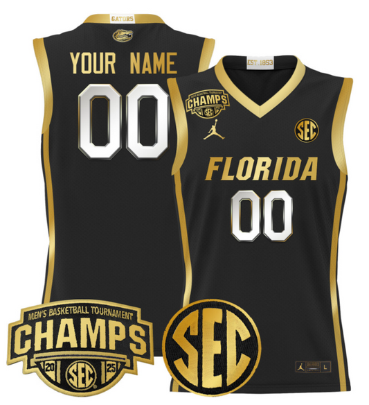 Custom Florida Gators Jersey 2025 SEC Tournament Champions Stitched Black Gold