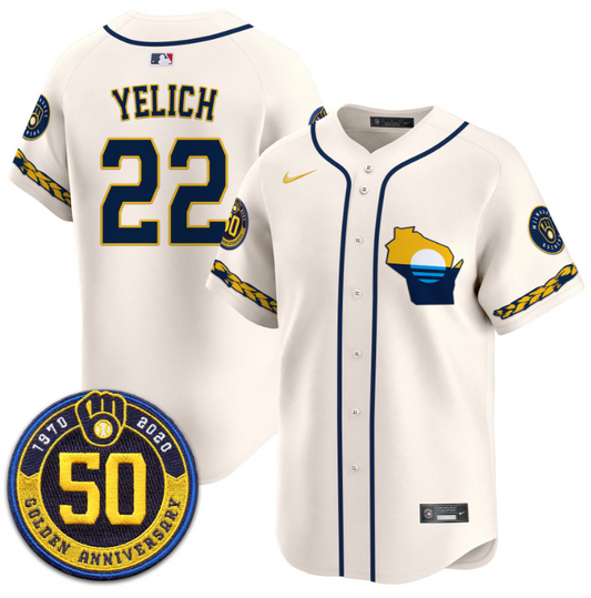 Christian Yelich Jersey #22 Milwaukee Brewers Golden 50th Anniversary Patch Stitched Cream