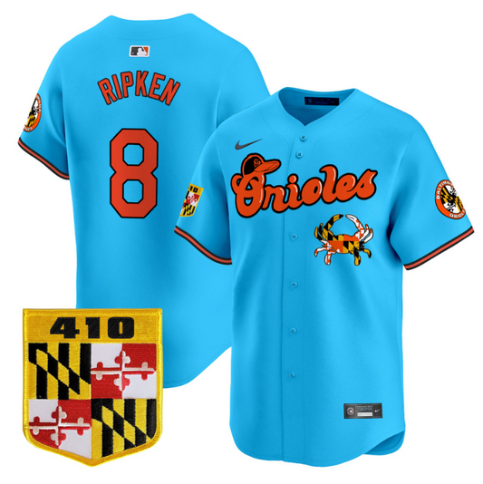 Cal Ripken Jersey #8 Baltimore Orioles 410 & Chesapeake Crab Patch Limited Stitched Light Blue