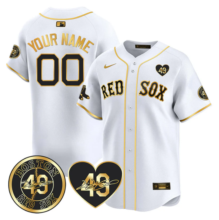 Custom Boston Red Sox Jersey Tim Wakefield Memorial Patch Stitched White Gold
