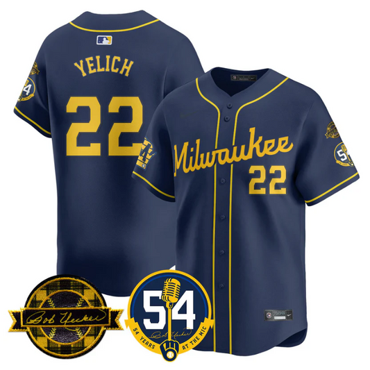 Christian Yelich Jersey #22 Milwaukee Brewers 2025 Bob Uecker, 54 Seasons for Brewers Stitched Navy