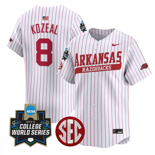 Cam Kozeal Jersey #8 Arkansas Razorbacks 2025 World Series Stitched Pinstripe