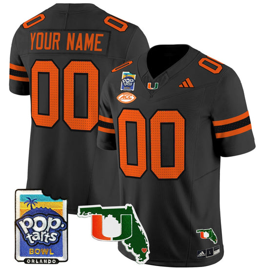 Custom Miami Hurricanes Jersey Name, Number 2025 PopTarts Bowl Patch Black