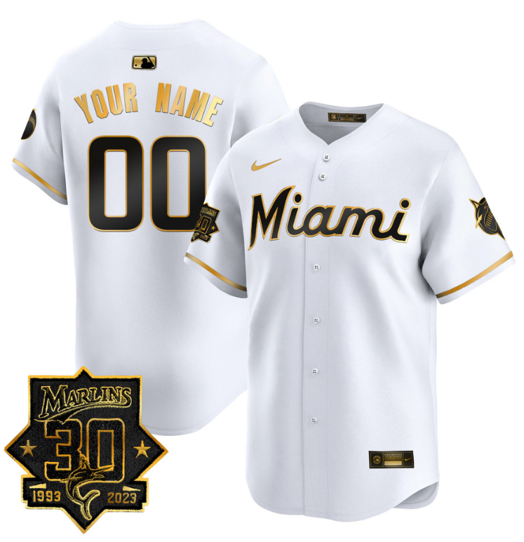 Custom Miami Marlins Jersey 30 Seasons Anniversary Patch Vapor Premier Limited Stitched White Gold
