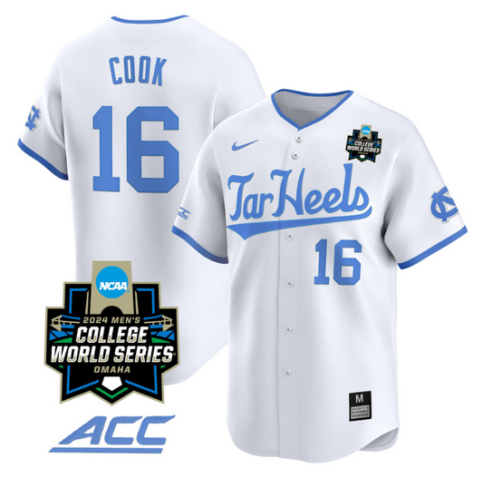 Casey Cook Jersey #16 North Carolina Tar Heels 2024 College World Series Vapor Premier Limited NCAA Baseball Stitched White